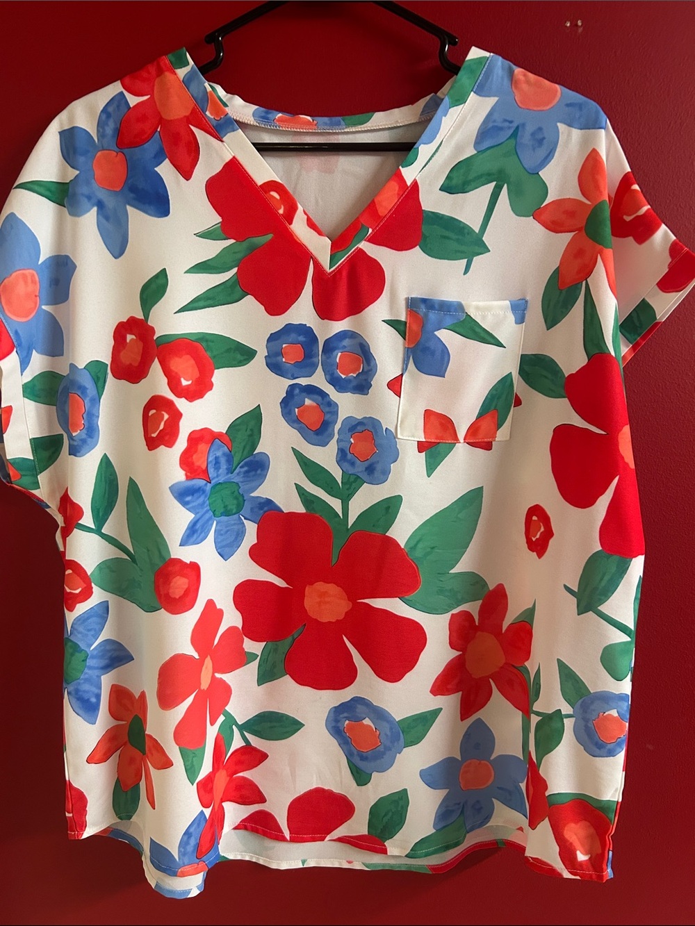 Women's V-Neck Floral Top in White with Red, Blue & Green size medium